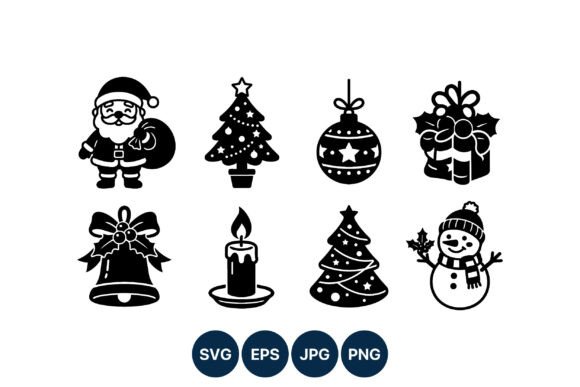 Black Christmas Icons Santa Tree Gift Illustrations