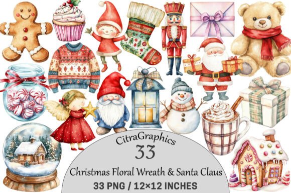 Christmas Floral Wreath Santa Claus Illustrations