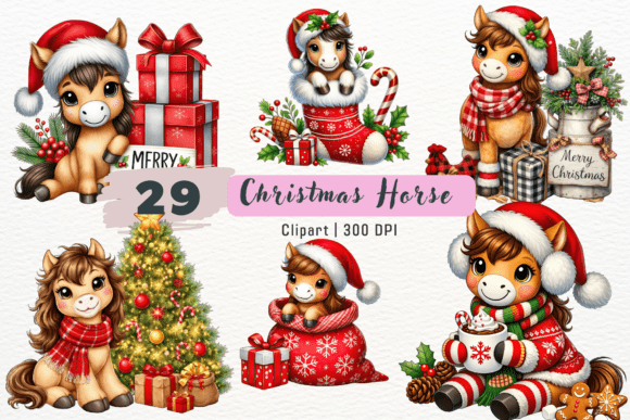 Christmas Horse Watercolor Clipart Set & Illustrations