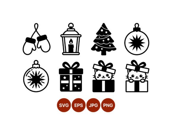 Christmas Tree Gift Box Kitten Icons Illustrations