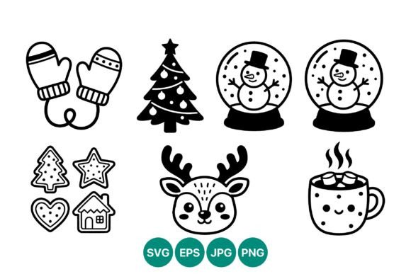 Christmas Winter Icons Black White Cute Illustrations
