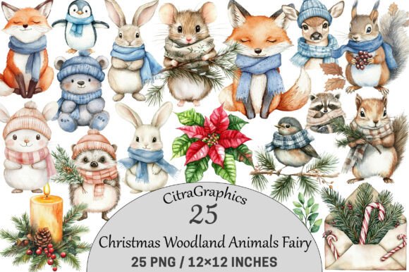 Christmas Woodland Cute Animals Fairy Illustrations
