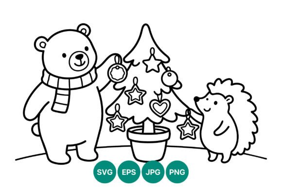 Cute Bear & Hedgehog Christmas Tree Illustrations
