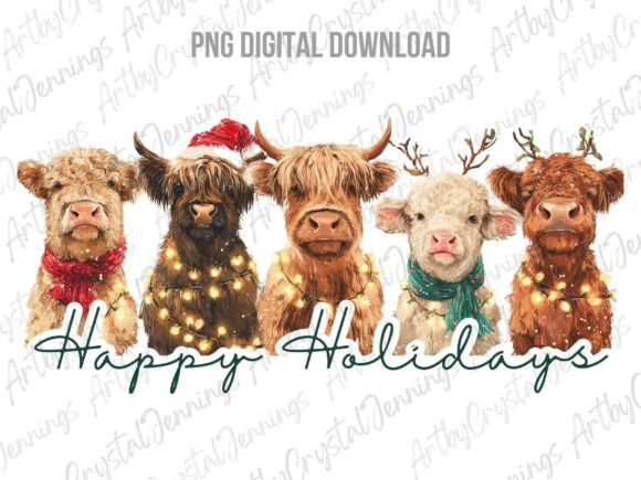 Happy Holidays Christmas Highland Cows Illustrations