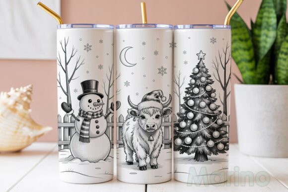 Highland Cow Snowman Christmas Tumbler Illustrations