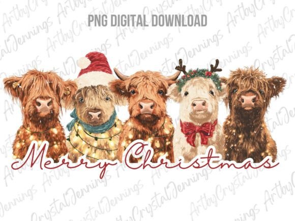 Merry Christmas Highland Cow Farm Animal Illustrations Review