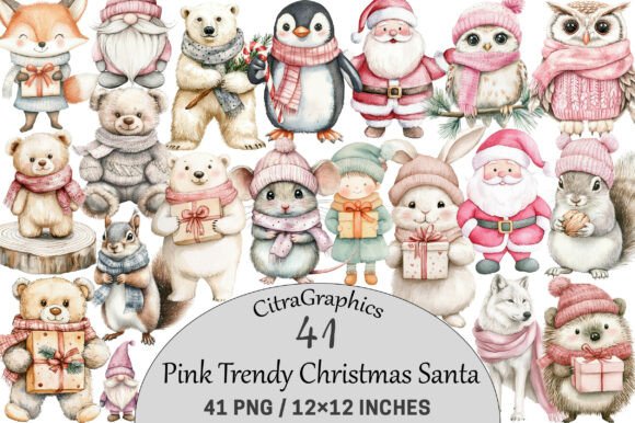 Pink Trendy Christmas Santa Png Bundle: Illustrations